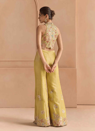 Butter yellow embroidered top with flare pants