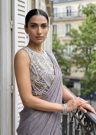 Perle grey pre-stitched sari with halter blouse