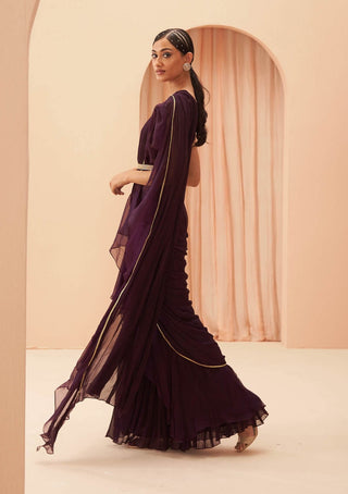 Parul Gandhi-Deep Wine Ruffle Sari Set-INDIASPOPUP.COM