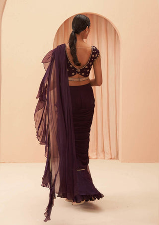 Parul Gandhi-Deep Wine Ruffle Sari Set-INDIASPOPUP.COM