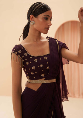 Parul Gandhi-Deep Wine Ruffle Sari Set-INDIASPOPUP.COM