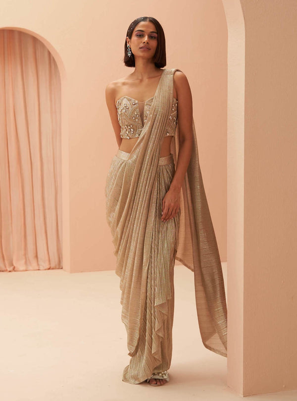 PARUL GANDHI Gold Flake Pleated Saree with Stitched Blouse with Stitched