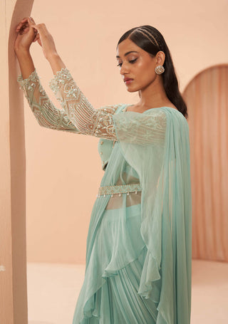 Parul Gandhi-Mist Mint Green Ruffle Sari Set-INDIASPOPUP.COM