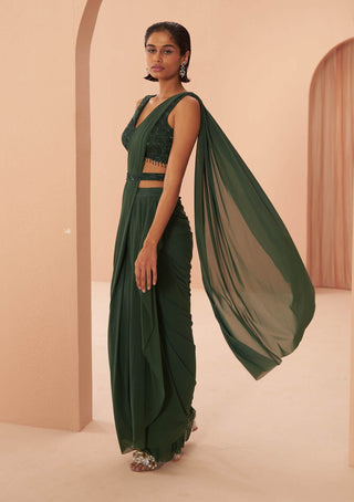 Parul Gandhi-Indian Green Draped Sari Set-INDIASPOPUP.COM