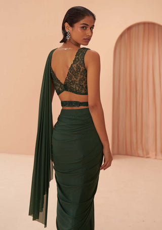 Parul Gandhi-Indian Green Draped Sari Set-INDIASPOPUP.COM