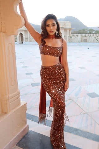 Metallic copper pencil skirt set