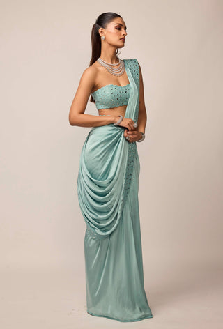 Powder blue satin draped sari set