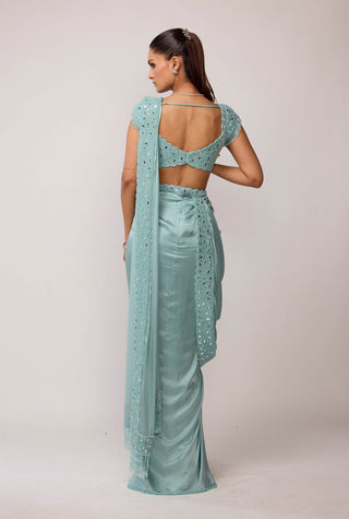 Powder blue draped sari set