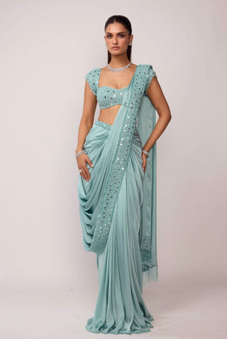 Powder blue draped sari set