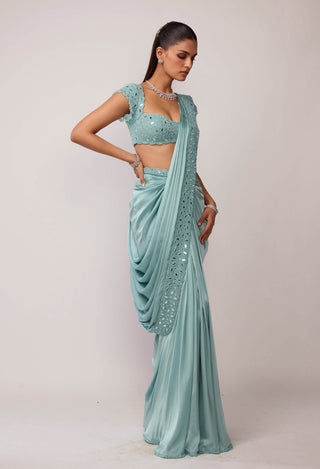 Powder blue draped sari set