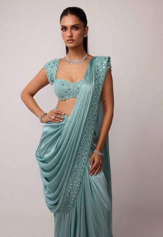 Powder blue draped sari set