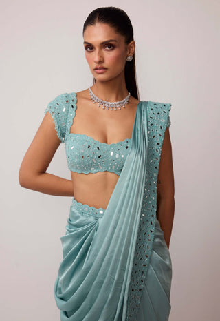 Powder blue draped sari set