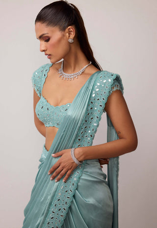Powder blue draped sari set
