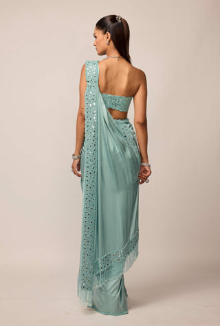 Powder blue satin draped sari set