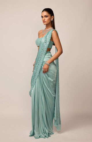 Powder blue satin draped sari set