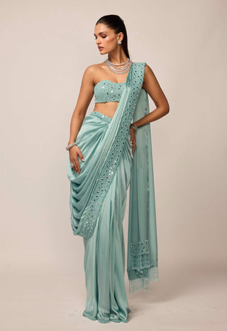 Powder blue satin draped sari set