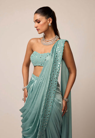 Powder blue satin draped sari set