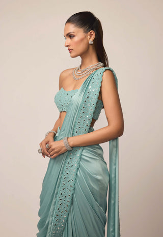 Powder blue satin draped sari set