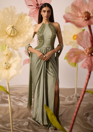 Roqa-Peony Jade Green Gown-INDIASPOPUP.COM