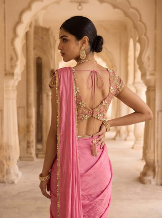 Rani kalash pink pre-draped sari with blouse