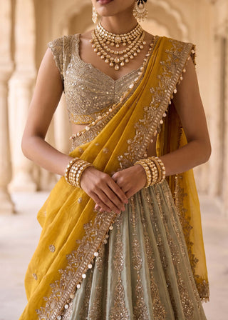 Basanti gulzar green silk tissue lehenga set