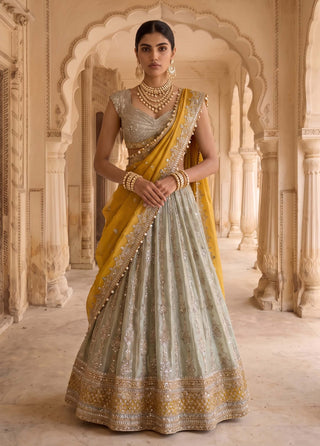 Basanti gulzar green silk tissue lehenga set