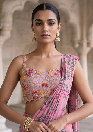 Rani kalash pink floral pre-draped sari with bustier blouse