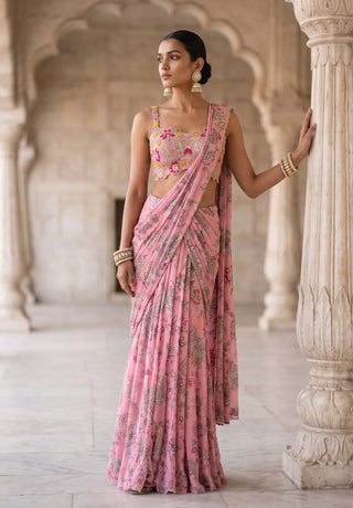 Rani kalash pink floral pre-draped sari with bustier blouse