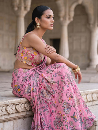 Rani kalash pink floral pre-draped sari with bustier blouse