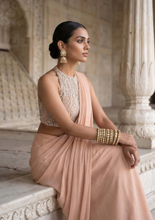 Roop chhaya beige pre-draped sari with blouse