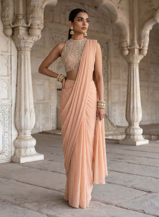 Roop chhaya beige pre-draped sari with blouse
