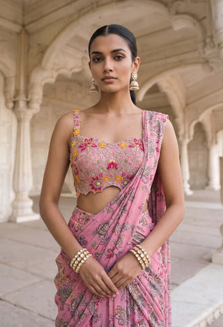 Rani kalash pink floral pre-draped sari with bustier blouse
