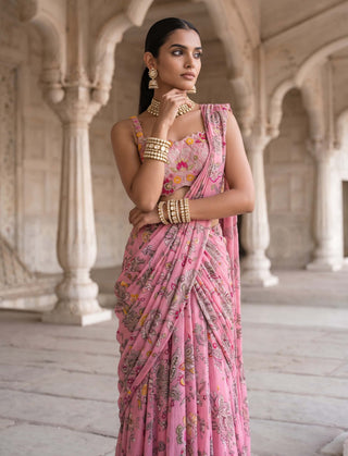 Rani kalash pink floral pre-draped sari with bustier blouse