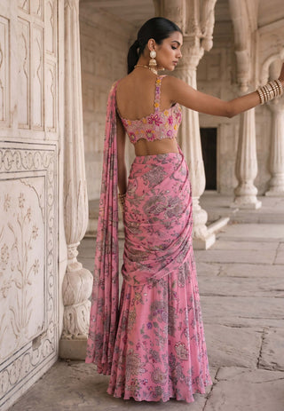 Rani kalash pink floral pre-draped sari with bustier blouse