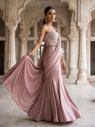 Jamuni nisa mauve pre-draped sari with corset