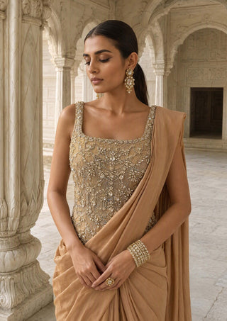 Peetambari gold pre-stitched sari with corset