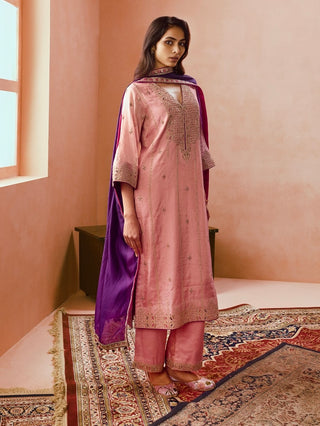 Dusky pink and baingani classic kurta set