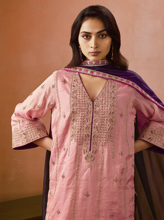 Dusky pink and baingani classic kurta set