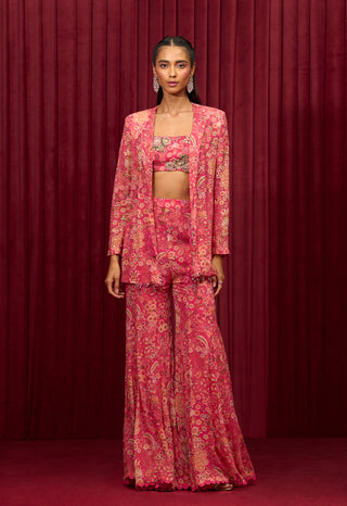 Fuchsia printed sync jacket and pant set