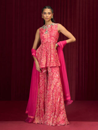 Fuchsia print	rhapsody peplum and gharara set