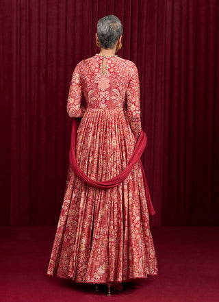 Red Printed Tempo Anarkali And Dupatta by Ridhi Mehra available on Indiaspopup.com