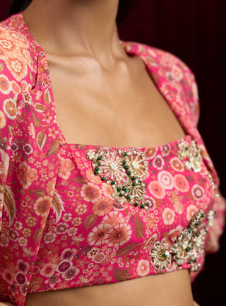 Fuchsia Printed Sync Jacket And Pant Set by Ridhi Mehra available on Indiaspopup.com