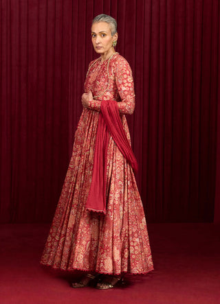 Red Printed Tempo Anarkali And Dupatta by Ridhi Mehra available on Indiaspopup.com