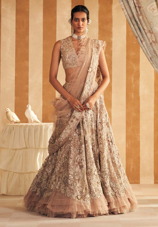 Champagne Inaara Lehenga Set by Ridhi Mehra, available on Indiaspopup.com