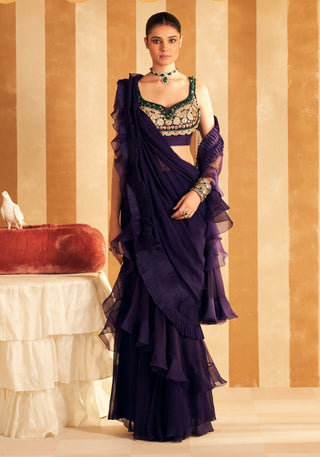 Purple Naghma Sari And Blouse by Ridhi Mehra, available on Indiaspopup.com