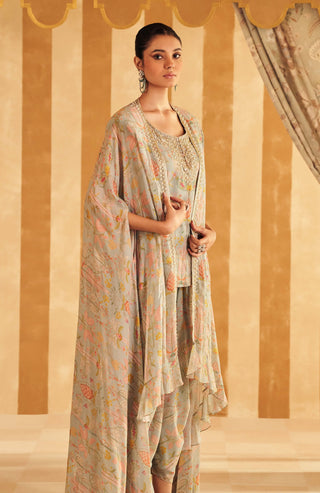 Powder Blue Gil Kurta And Cape Set by Ridhi Mehra, available on Indiaspopup.com