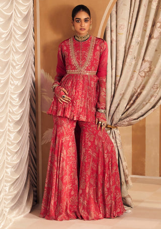 Royal Fuchsia Gulsitan Peplum And Gharara Set by Ridhi Mehra, available on Indiaspopup.com