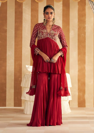 Red Qasida Short Anarkali And Sharara Set by Ridhi Mehra, available on Indiaspopup.com