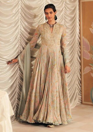 Powder Blue Fankaar Anarkali And Dupatta by Ridhi Mehra, available on Indiaspopup.com