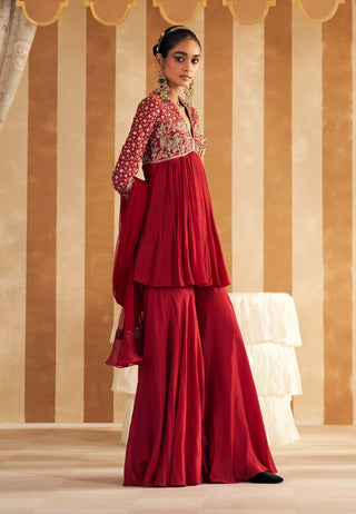 Red Qasida Short Anarkali And Sharara Set by Ridhi Mehra, available on Indiaspopup.com